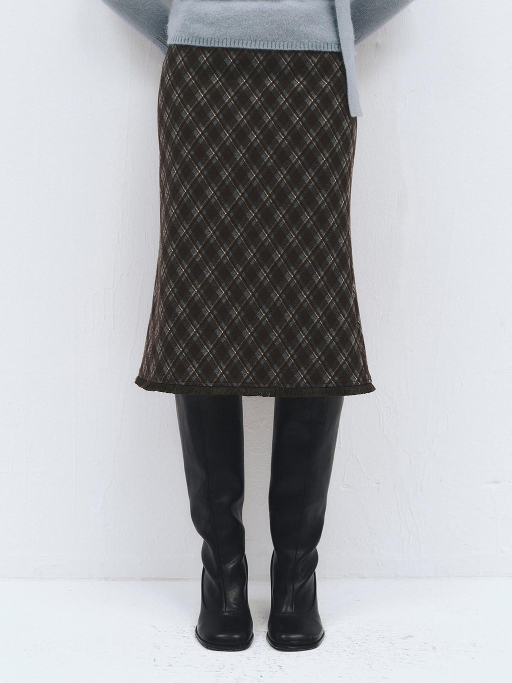 someonesometimes High Waist Slim H Line Casual Women Daily Grey Brown Diamond Check Midi Skirts