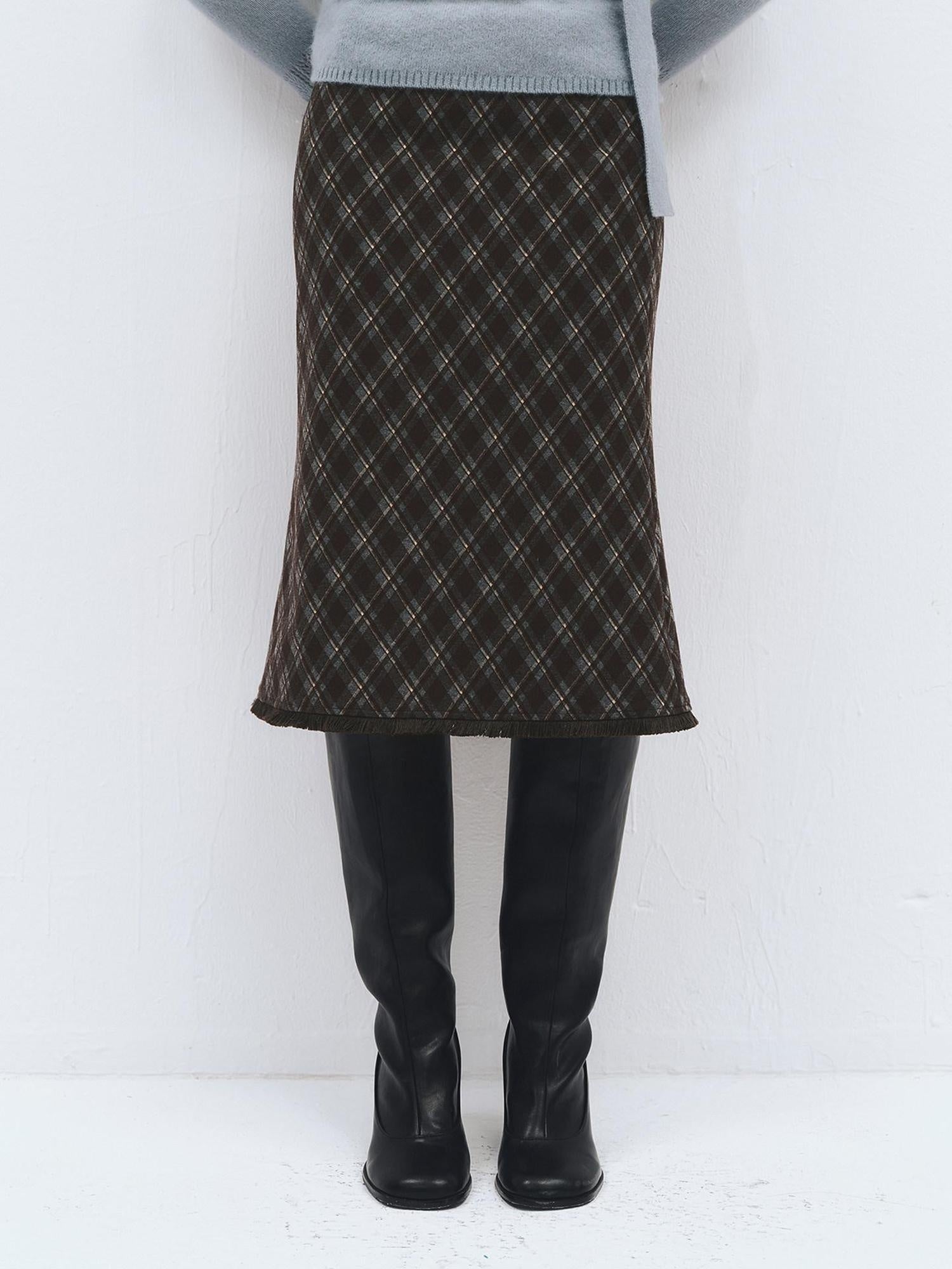 someonesometimes High Waist Slim H Line Casual Women Daily Grey Brown Diamond Check Midi Skirts