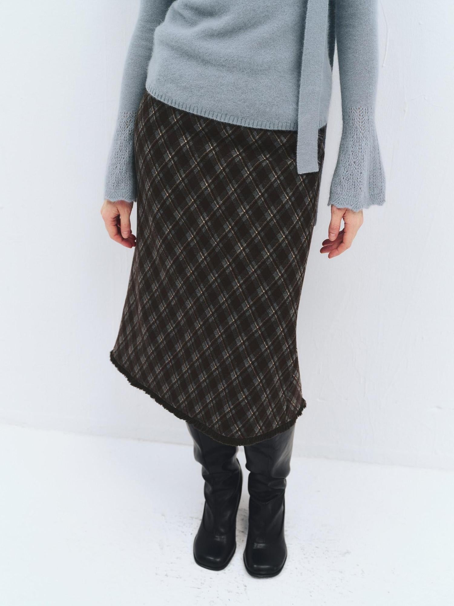 someonesometimes High Waist Slim H Line Casual Women Daily Grey Brown Diamond Check Midi Skirts