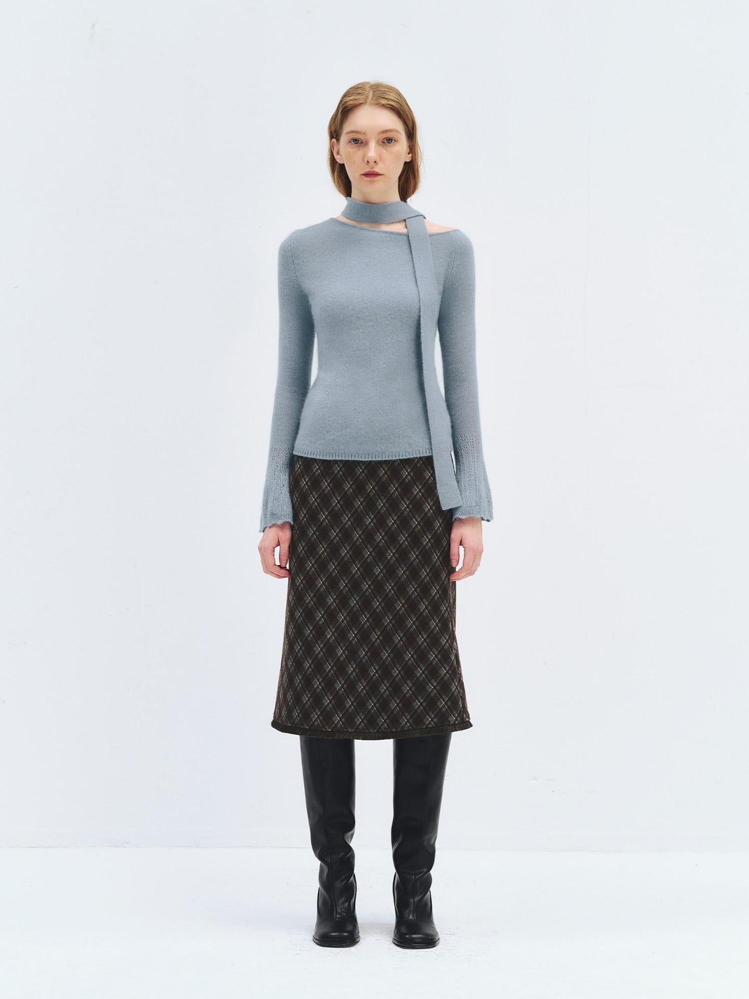 someonesometimes High Waist Slim H Line Casual Women Daily Grey Brown Diamond Check Midi Skirts