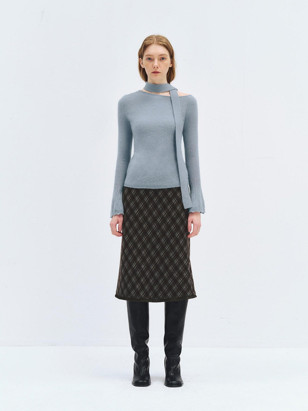 someonesometimes High Waist Slim H Line Casual Women Daily Grey Brown Diamond Check Midi Skirts