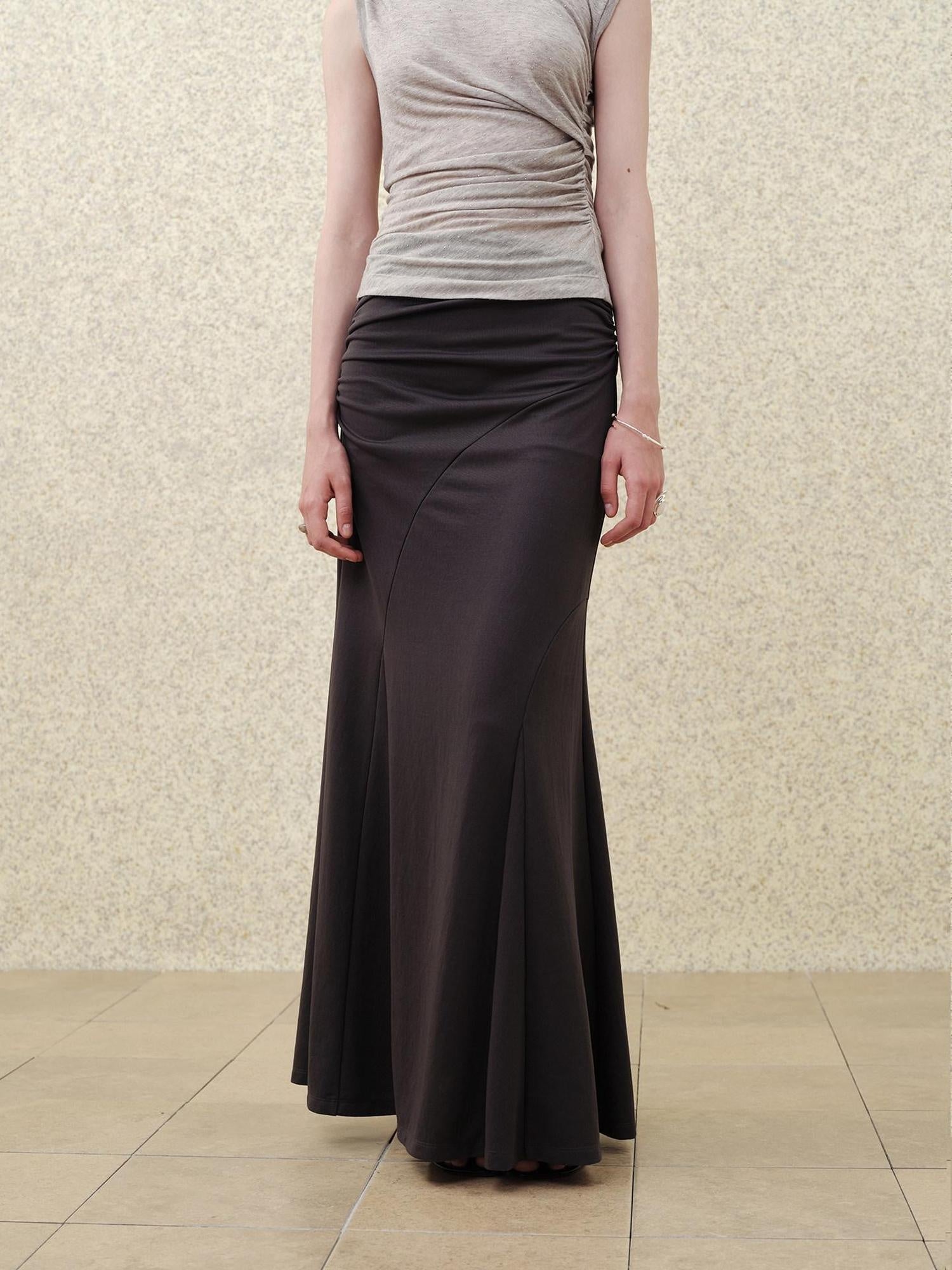 someonesometimes High Waist Streamline Slim Cotton Lyocell Mix Back Zip Fishtail Skirt