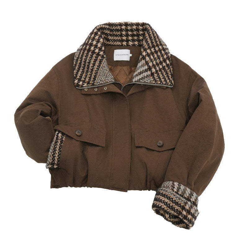 someonesometimes_Houndstooth_Cotton_Cropped_Loose_Workwear_Women_Turn_Collar_Bomber_Jackets_MISSTT