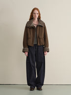 someonesometimes Houndstooth Cotton Cropped Loose Workwear Women Turn Collar Bomber Jackets