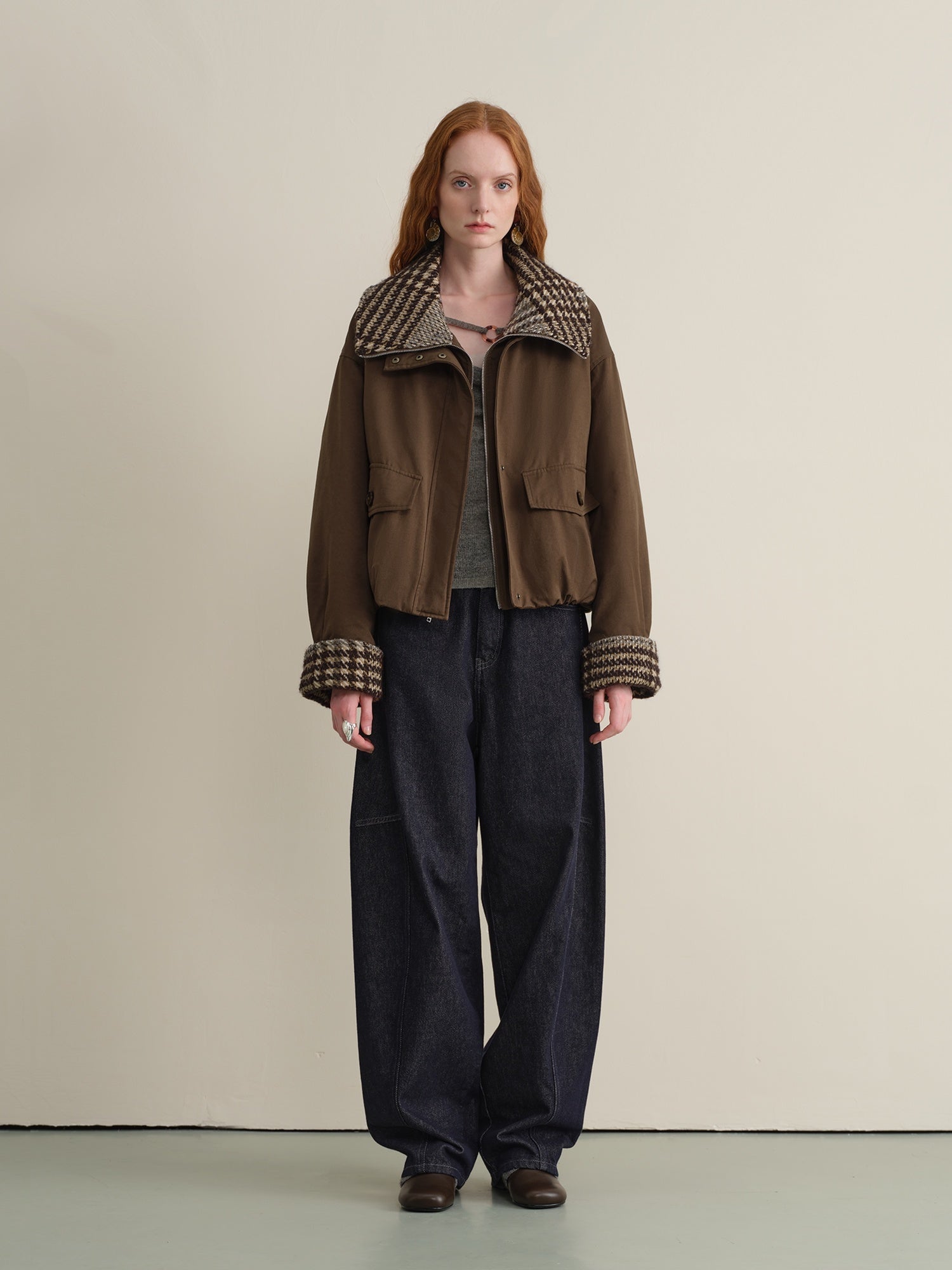 someonesometimes Houndstooth Cotton Cropped Loose Workwear Women Turn Collar Bomber Jackets