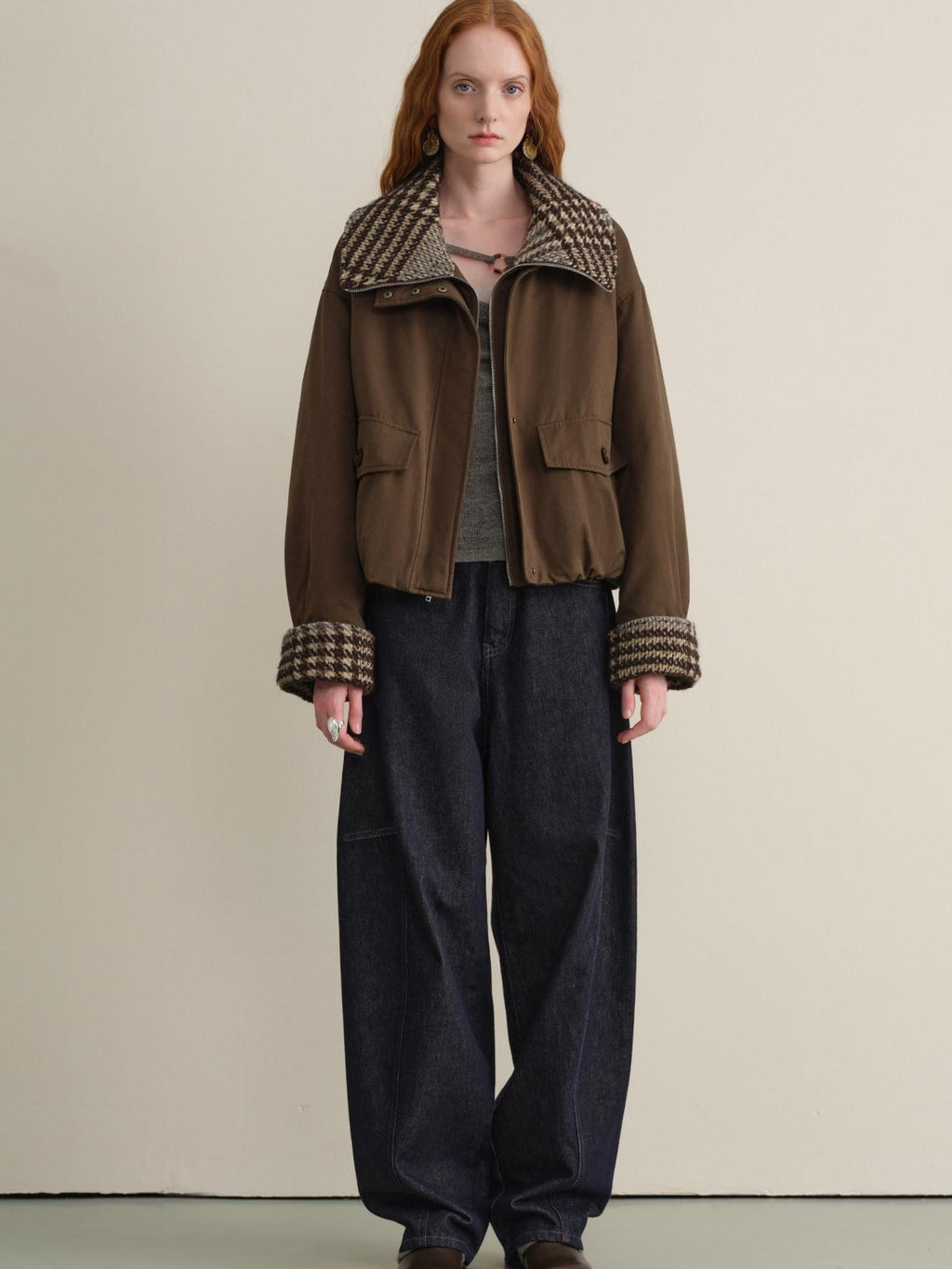 someonesometimes Houndstooth Cotton Cropped Loose Workwear Women Turn Collar Bomber Jackets