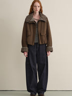 someonesometimes Houndstooth Cotton Cropped Loose Workwear Women Turn Collar Bomber Jackets
