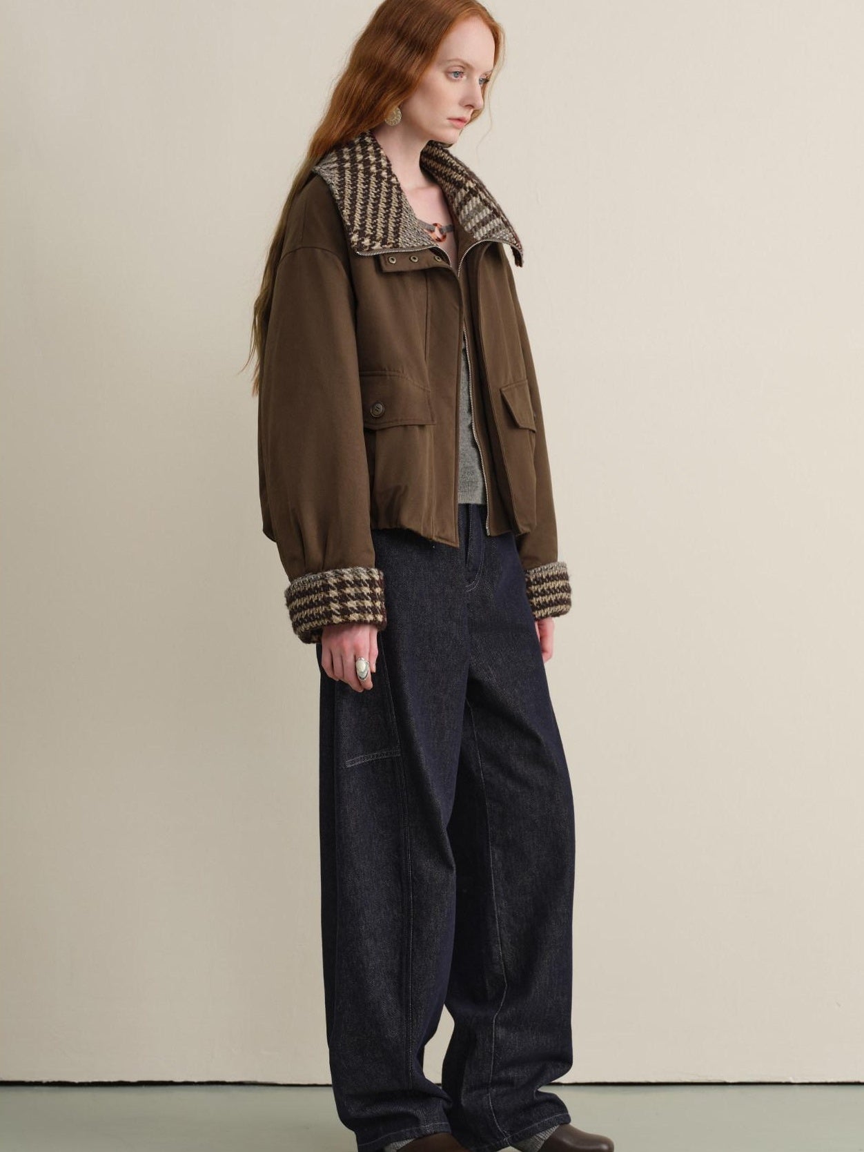 someonesometimes Houndstooth Cotton Cropped Loose Workwear Women Turn Collar Bomber Jackets