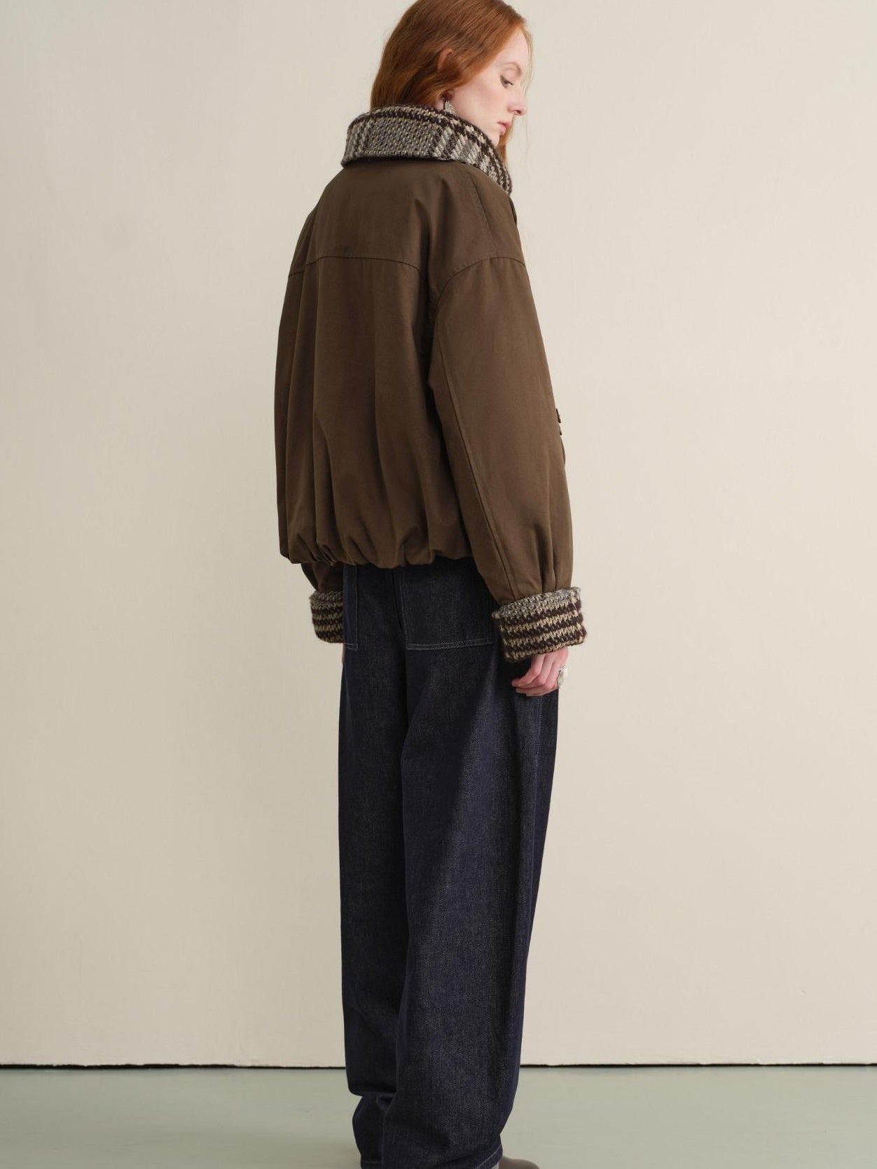 someonesometimes Houndstooth Cotton Cropped Loose Workwear Women Turn Collar Bomber Jackets