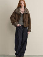 someonesometimes Houndstooth Cotton Cropped Loose Workwear Women Turn Collar Bomber Jackets