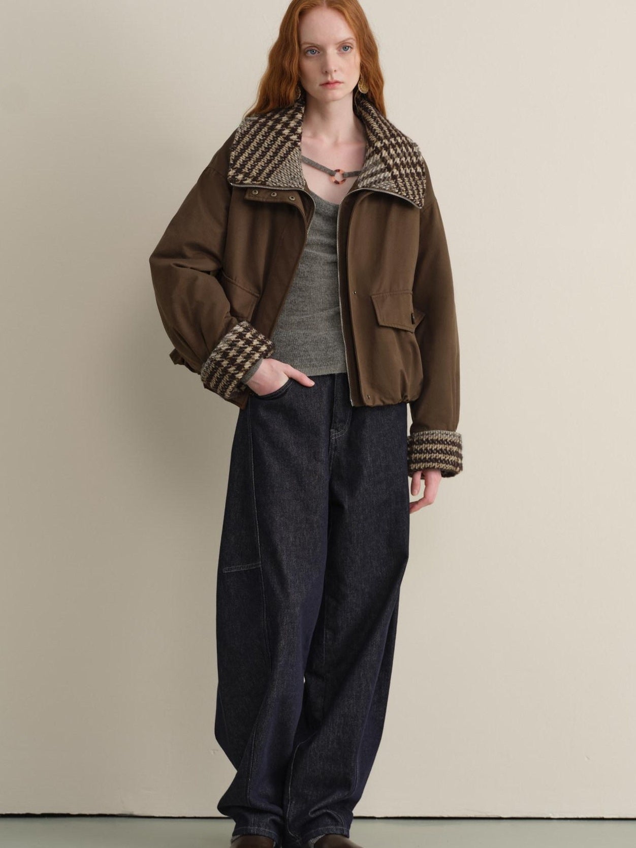 someonesometimes Houndstooth Cotton Cropped Loose Workwear Women Turn Collar Bomber Jackets