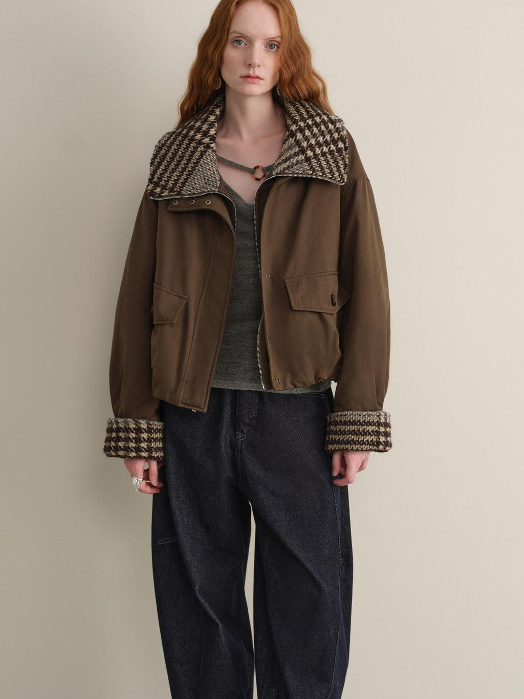 someonesometimes Houndstooth Cotton Cropped Loose Workwear Women Turn Collar Bomber Jackets
