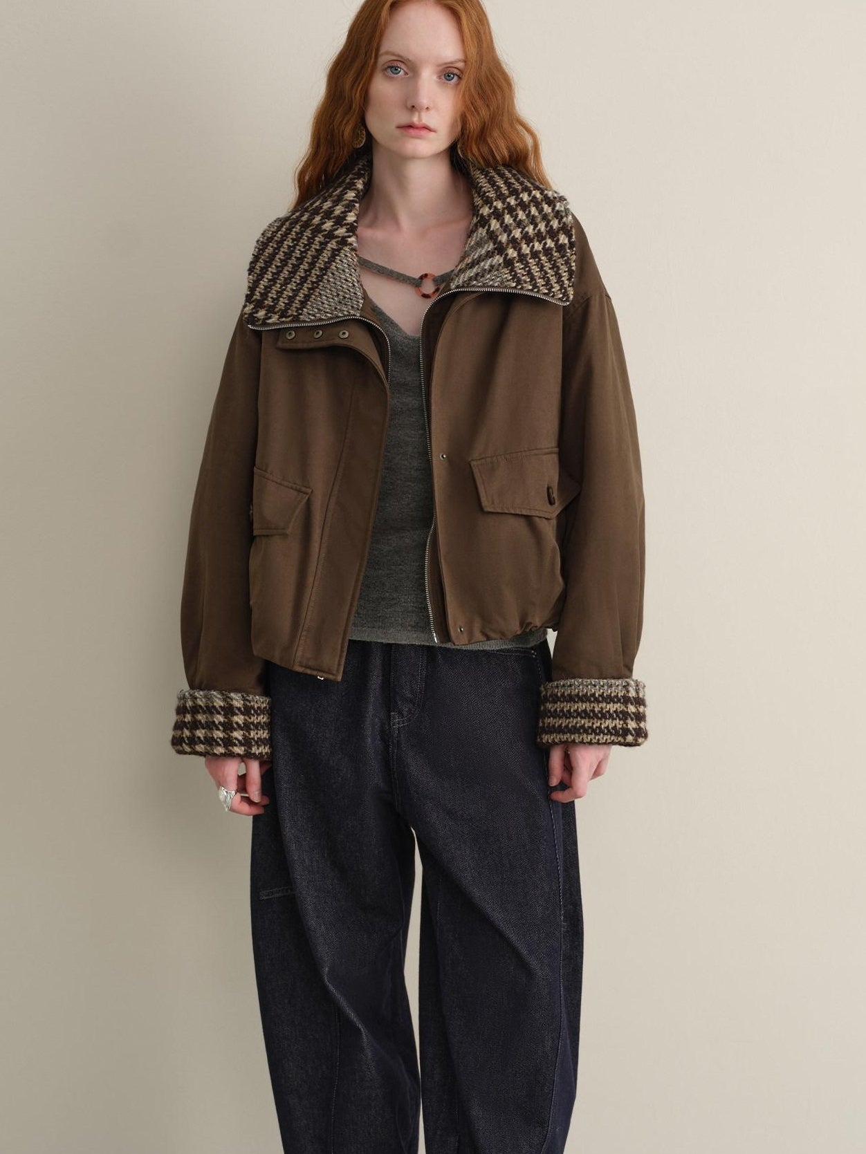 someonesometimes Houndstooth Cotton Cropped Loose Workwear Women Turn Collar Bomber Jackets