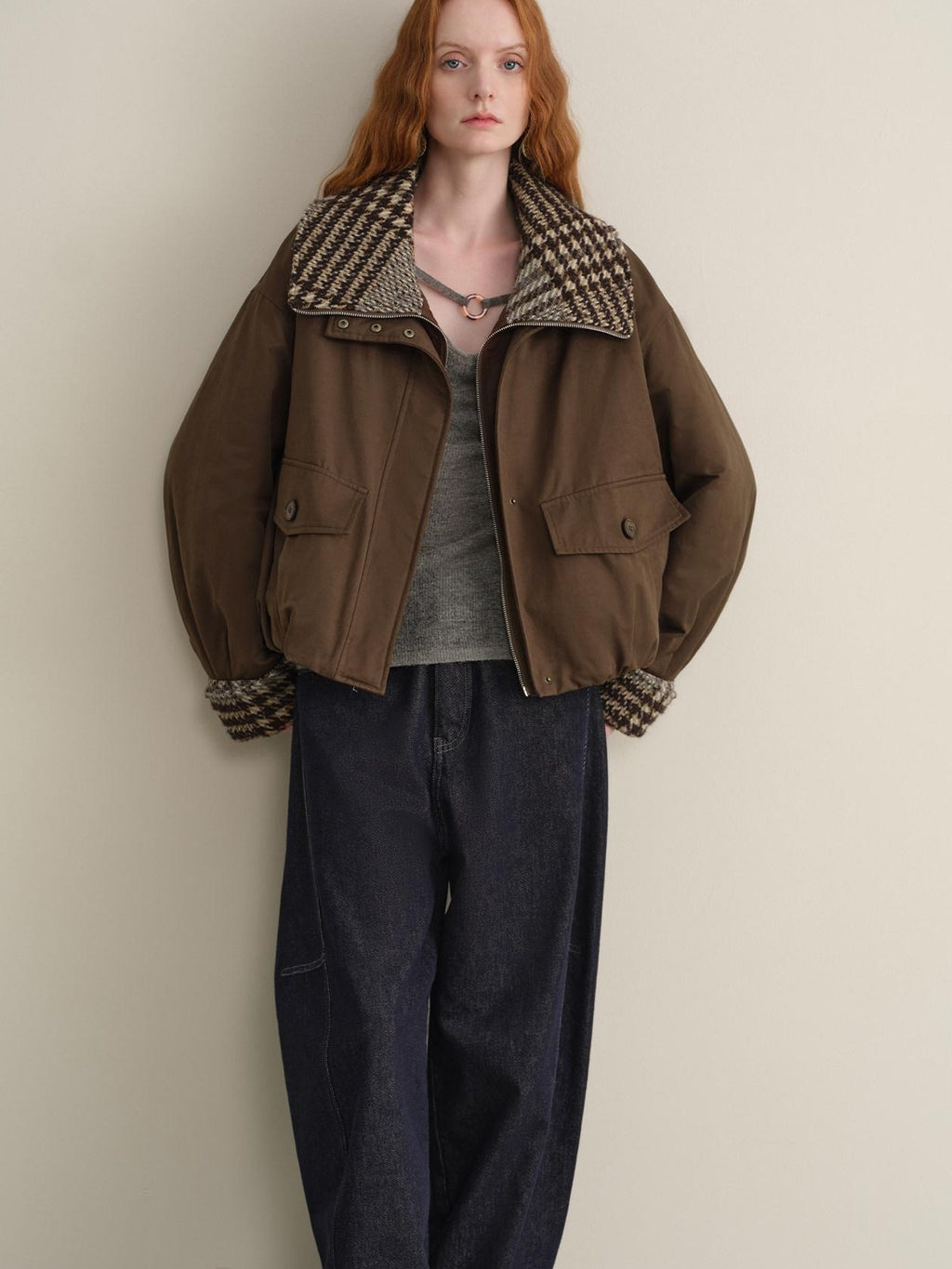 someonesometimes Houndstooth Cotton Cropped Loose Workwear Women Turn Collar Bomber Jackets