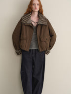 someonesometimes Houndstooth Cotton Cropped Loose Workwear Women Turn Collar Bomber Jackets