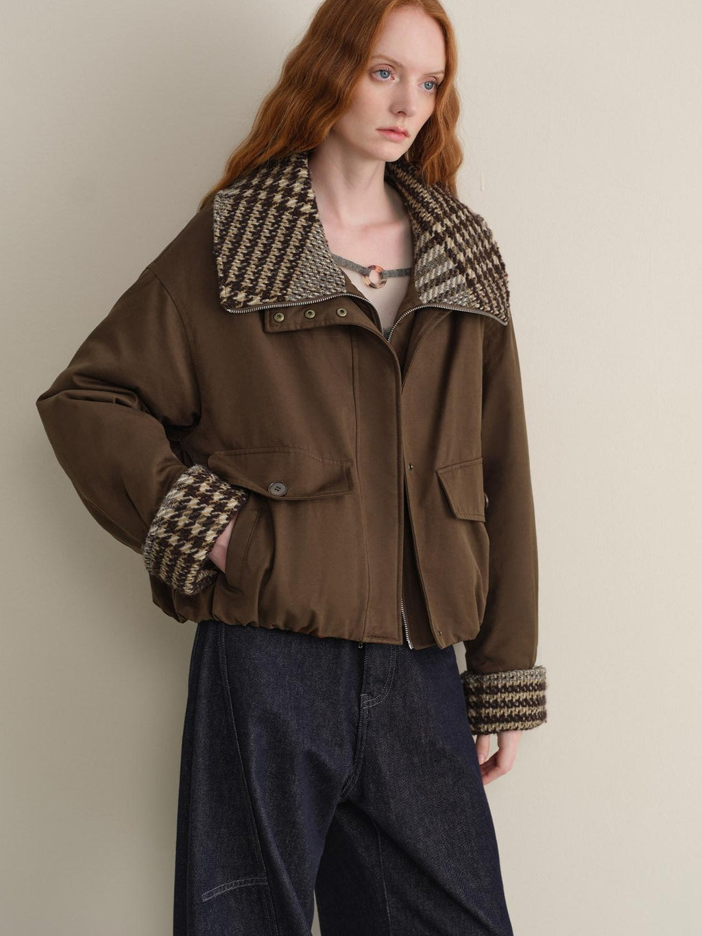 someonesometimes Houndstooth Cotton Cropped Loose Workwear Women Turn Collar Bomber Jackets