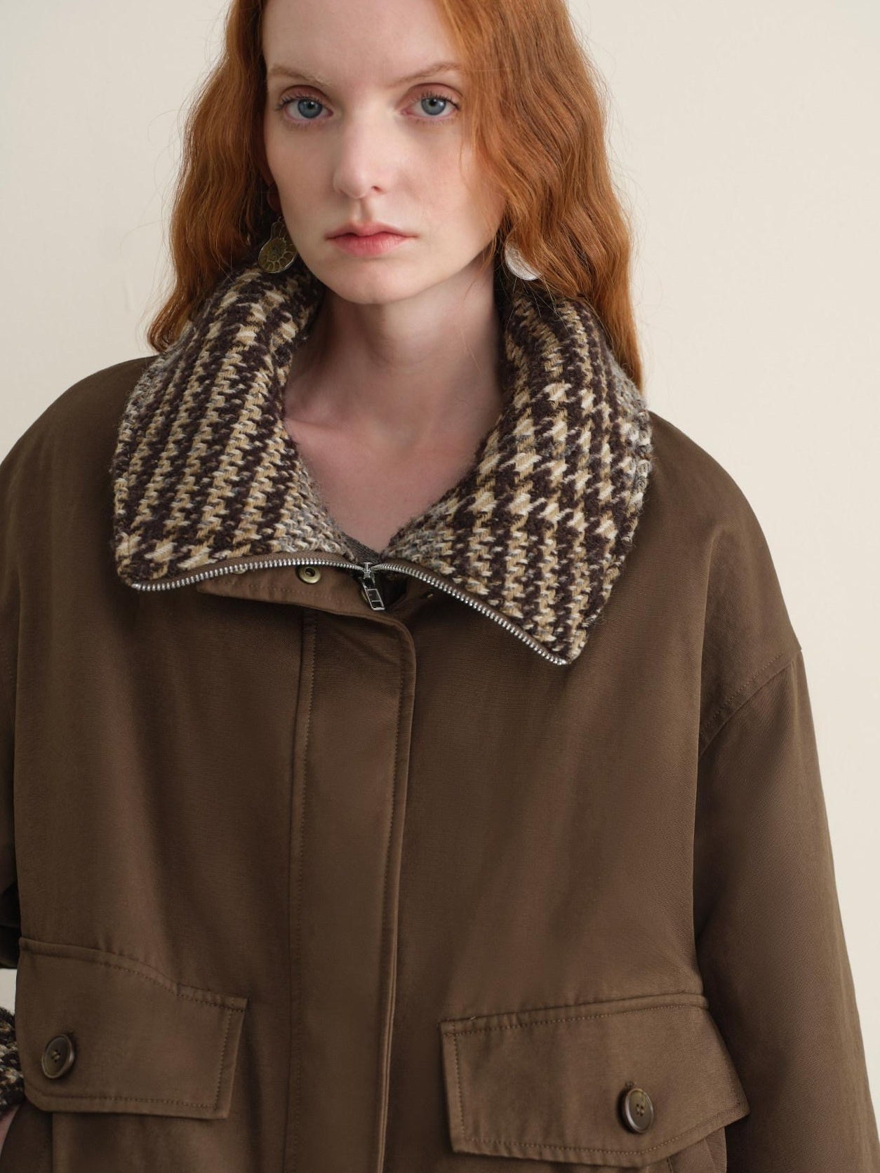 someonesometimes Houndstooth Cotton Cropped Loose Workwear Women Turn Collar Bomber Jackets