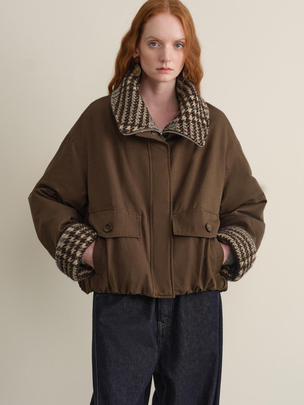 someonesometimes Houndstooth Cotton Cropped Loose Workwear Women Turn Collar Bomber Jackets