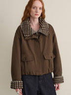 someonesometimes Houndstooth Cotton Cropped Loose Workwear Women Turn Collar Bomber Jackets
