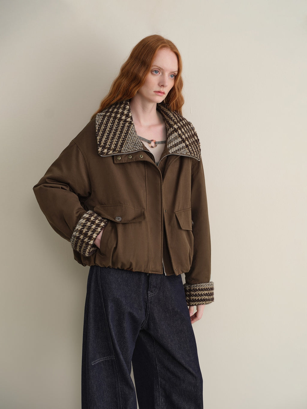 someonesometimes Houndstooth Cotton Cropped Loose Workwear Women Turn Collar Bomber Jackets