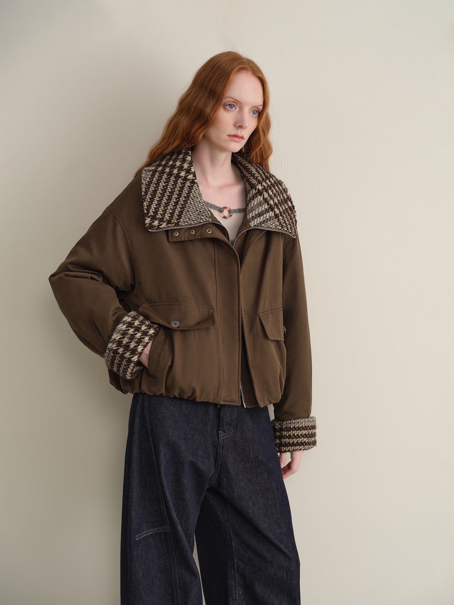 someonesometimes Houndstooth Cotton Cropped Loose Workwear Women Turn Collar Bomber Jackets