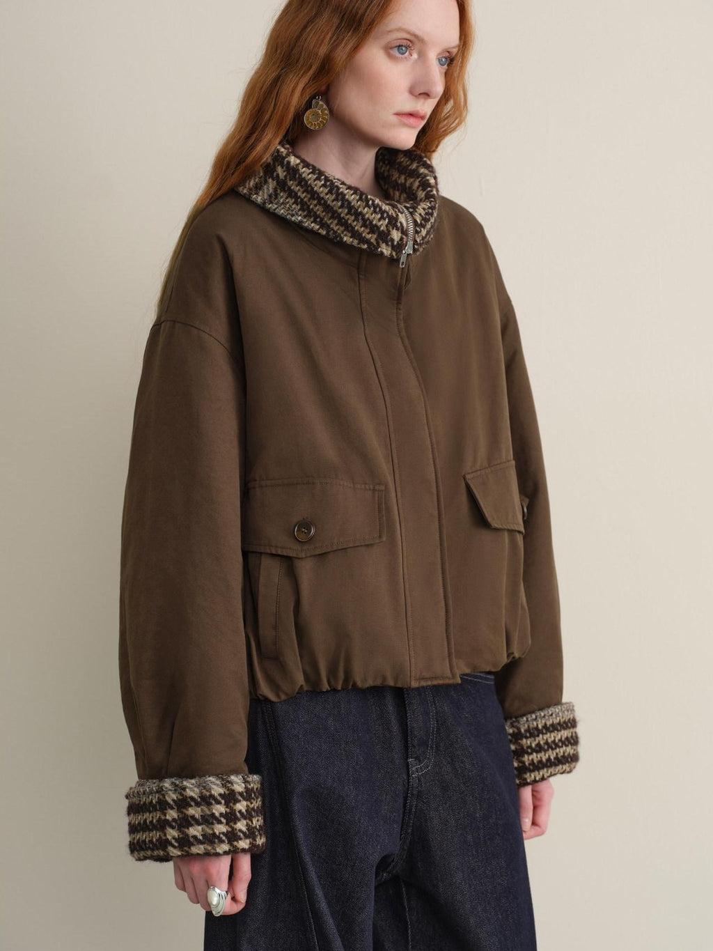 someonesometimes Houndstooth Cotton Cropped Loose Workwear Women Turn Collar Bomber Jackets