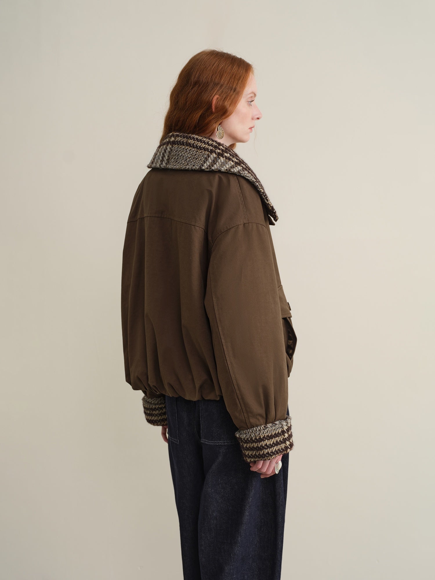 someonesometimes Houndstooth Cotton Cropped Loose Workwear Women Turn Collar Bomber Jackets