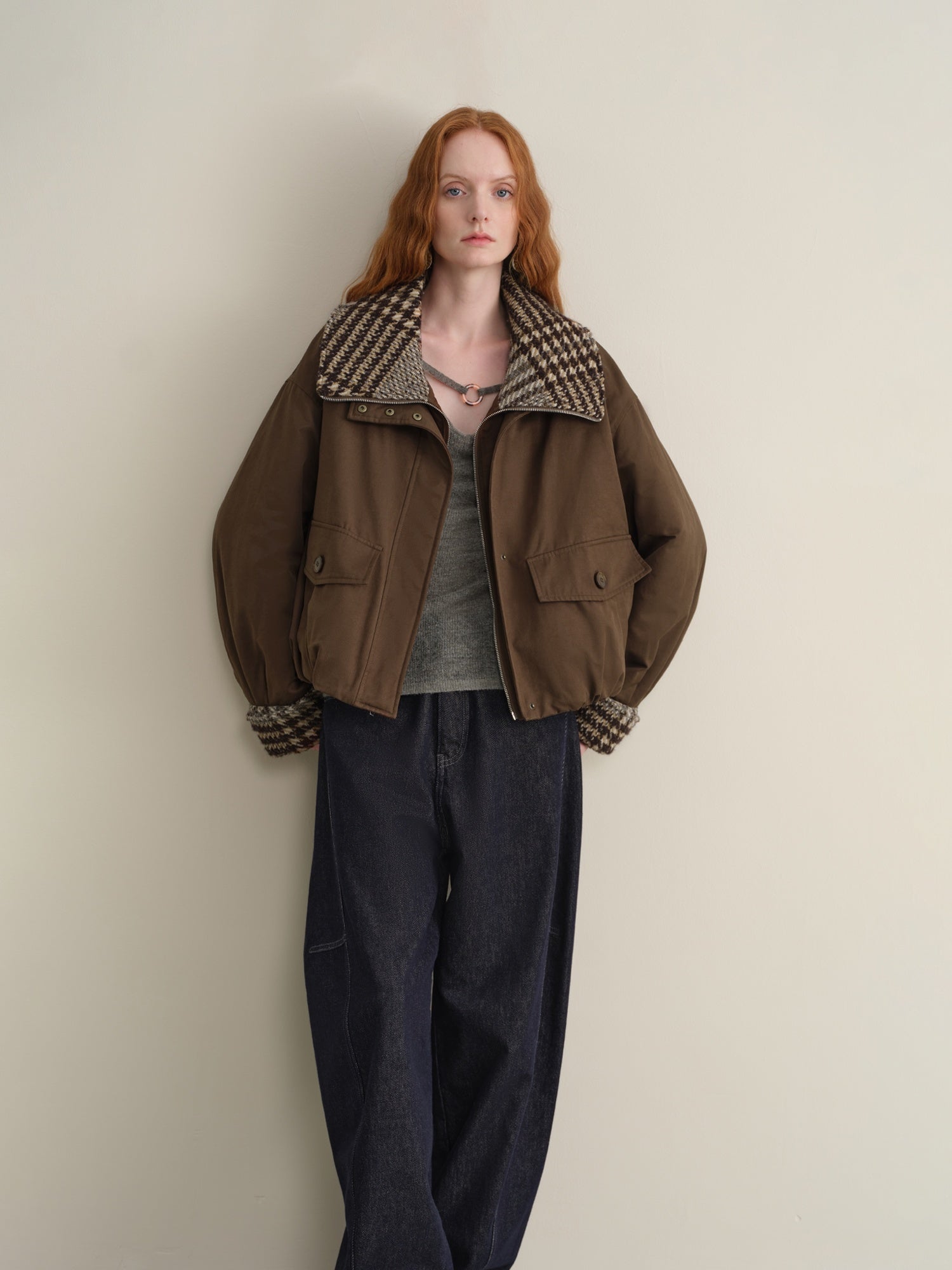 someonesometimes Houndstooth Cotton Cropped Loose Workwear Women Turn Collar Bomber Jackets