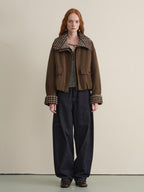 someonesometimes Houndstooth Cotton Cropped Loose Workwear Women Turn Collar Bomber Jackets