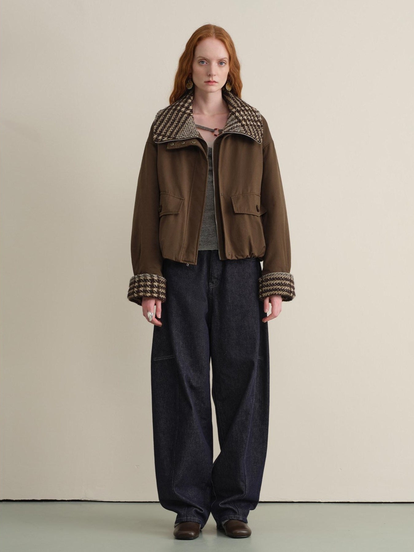 someonesometimes Houndstooth Cotton Cropped Loose Workwear Women Turn Collar Bomber Jackets