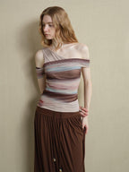 someonesometimes Icy Tie Dye Slim Fit Asymmetric Shoulder Women Workwear Off Shoulder Crop Tops