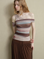 someonesometimes Icy Tie Dye Slim Fit Asymmetric Shoulder Women Workwear Off Shoulder Crop Tops