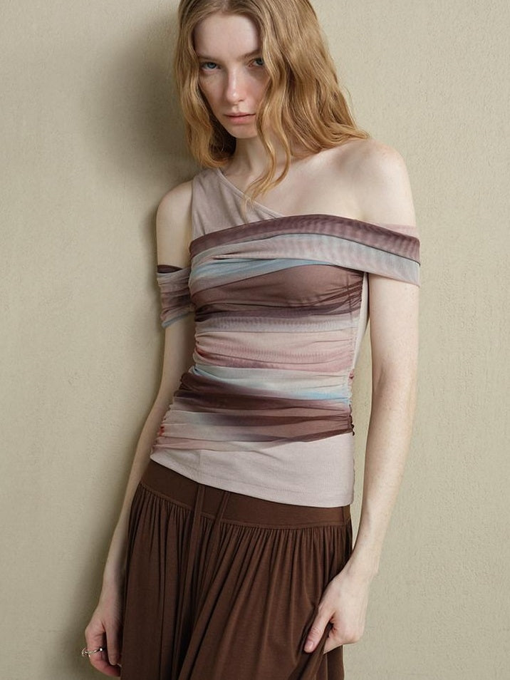 someonesometimes Icy Tie Dye Slim Fit Asymmetric Shoulder Women Workwear Off Shoulder Crop Tops