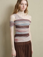someonesometimes Icy Tie Dye Slim Fit Asymmetric Shoulder Women Workwear Off Shoulder Crop Tops