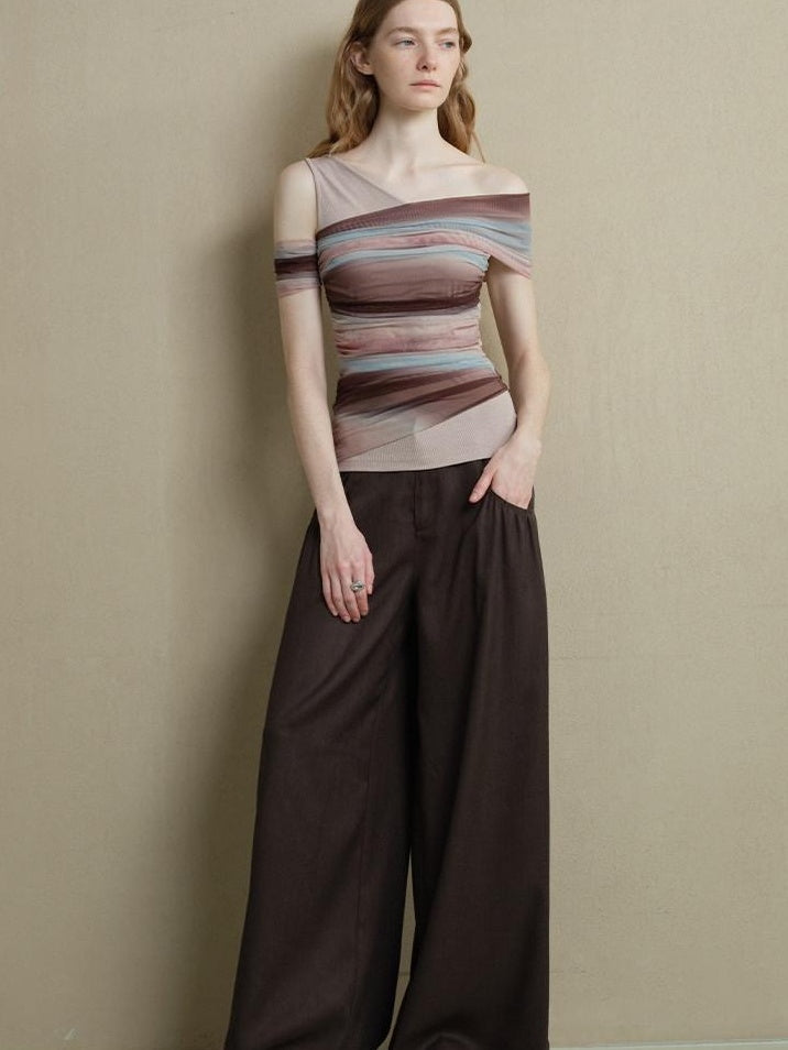 someonesometimes Icy Tie Dye Slim Fit Asymmetric Shoulder Women Workwear Off Shoulder Crop Tops