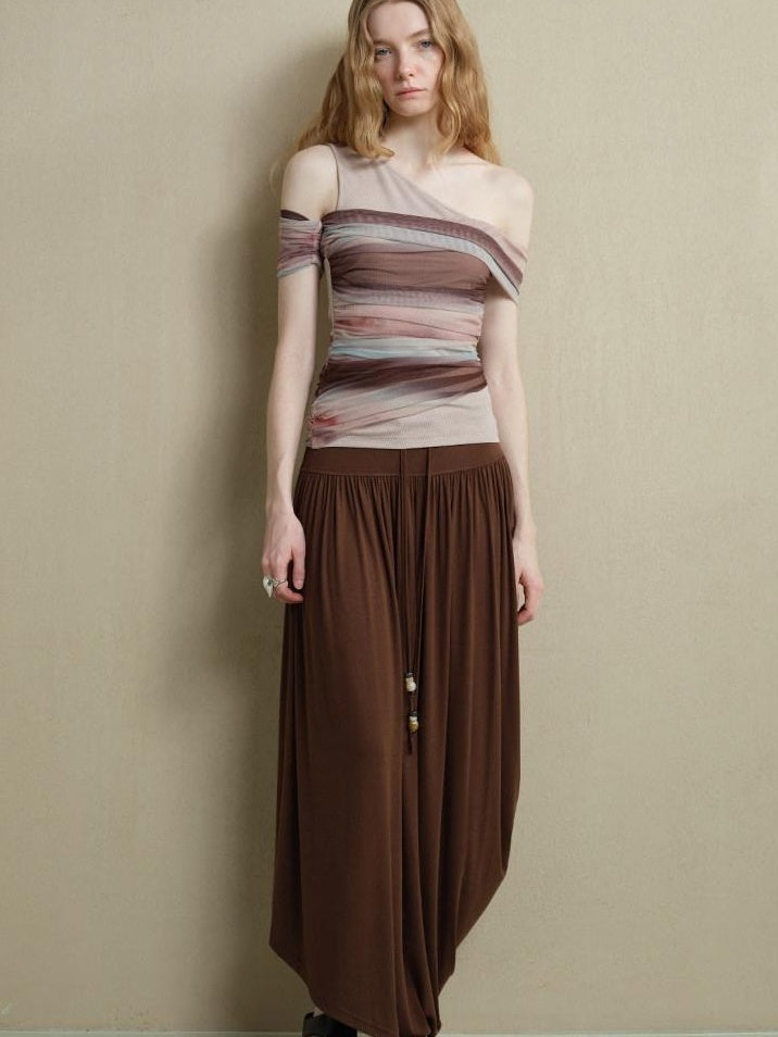 someonesometimes Icy Tie Dye Slim Fit Asymmetric Shoulder Women Workwear Off Shoulder Crop Tops