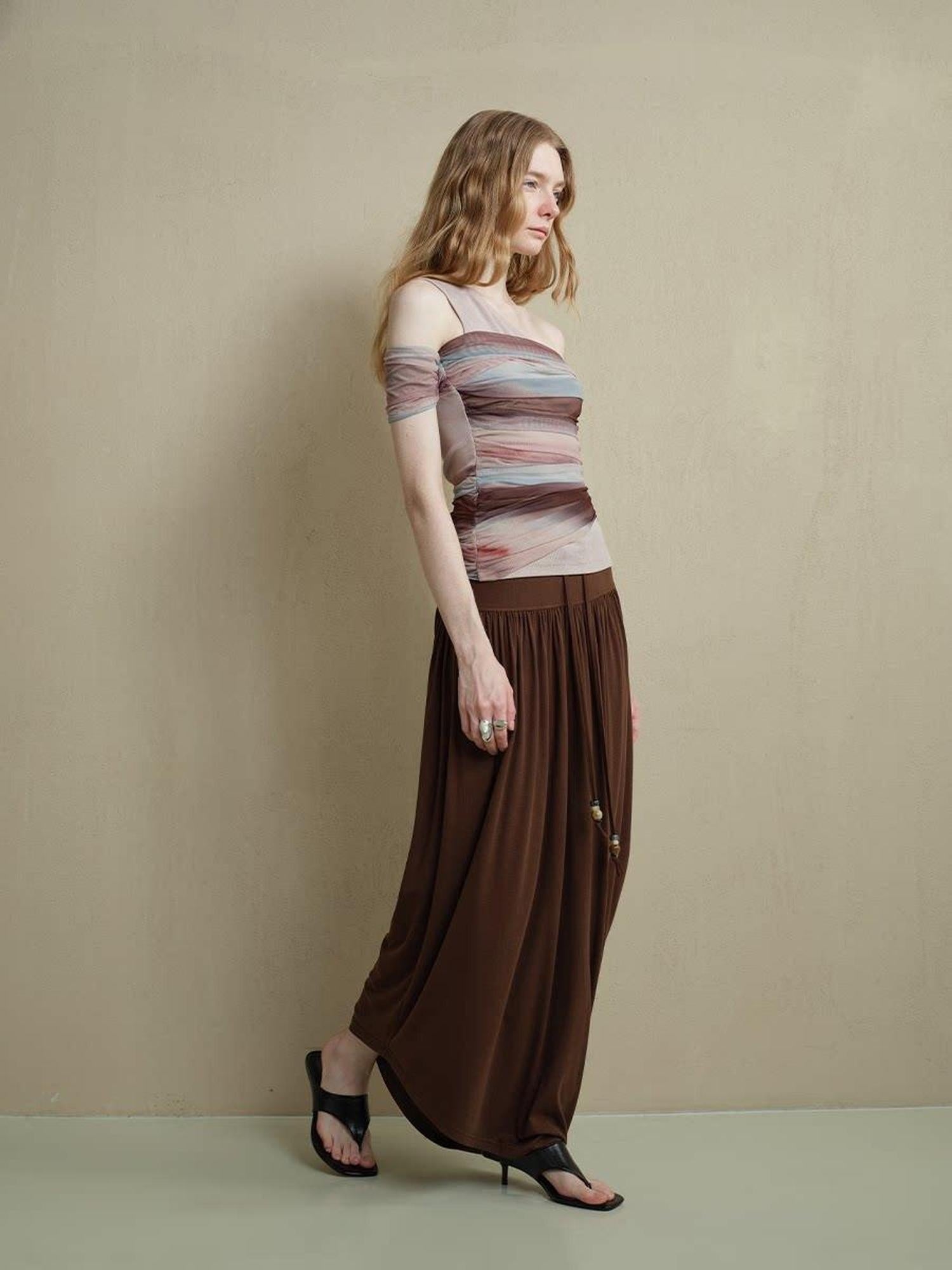 someonesometimes Icy Tie Dye Slim Fit Asymmetric Shoulder Women Workwear Off Shoulder Crop Tops