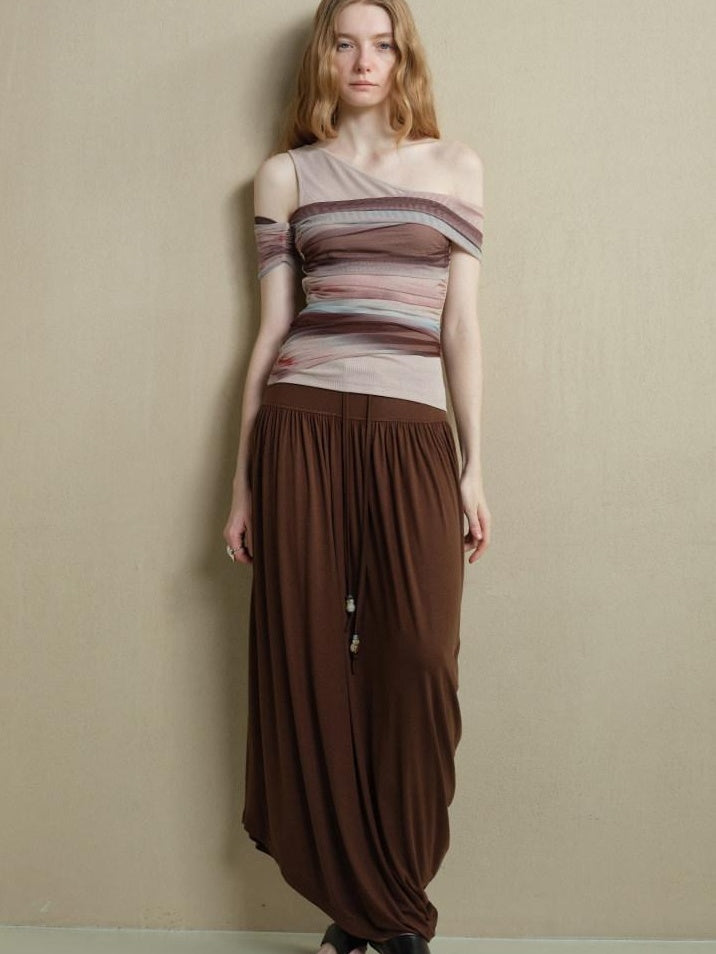 someonesometimes Icy Tie Dye Slim Fit Asymmetric Shoulder Women Workwear Off Shoulder Crop Tops