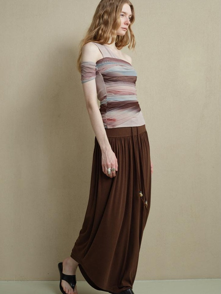 someonesometimes Icy Tie Dye Slim Fit Asymmetric Shoulder Women Workwear Off Shoulder Crop Tops