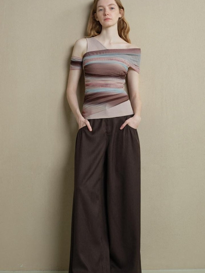 someonesometimes Icy Tie Dye Slim Fit Asymmetric Shoulder Women Workwear Off Shoulder Crop Tops