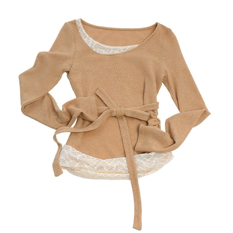 someonesometimes_Khaki_Plaid_Patchwork_Slim_Crew_Neck_Women_Knit_Spandex_Long_Sleeve_T-Shirts_MISSTT