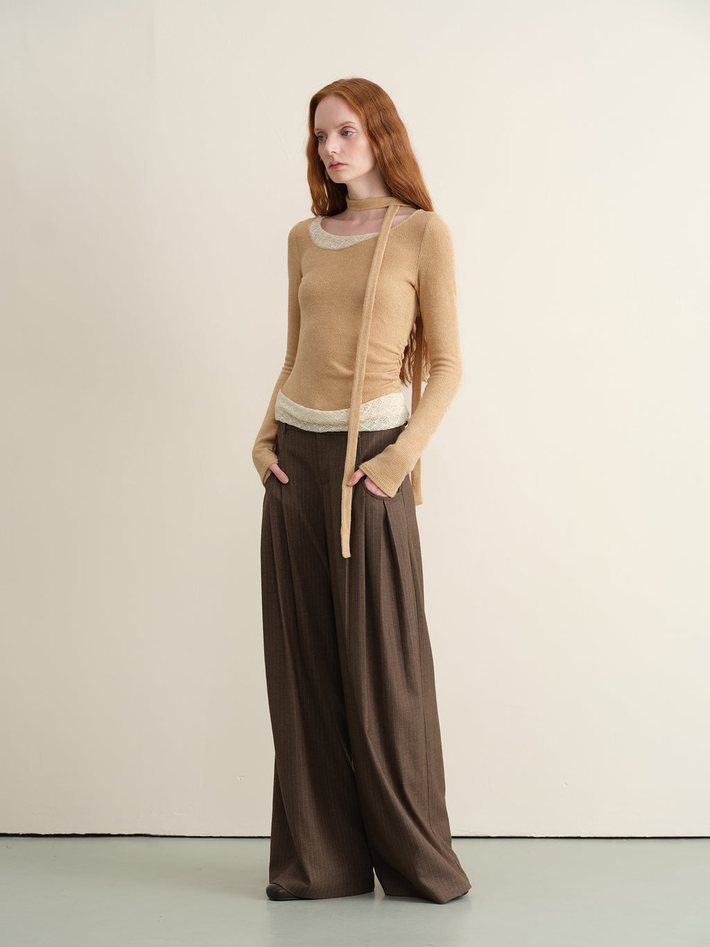 someonesometimes Khaki Plaid Patchwork Slim Crew Neck Women Knit Spandex Long Sleeve T-Shirts