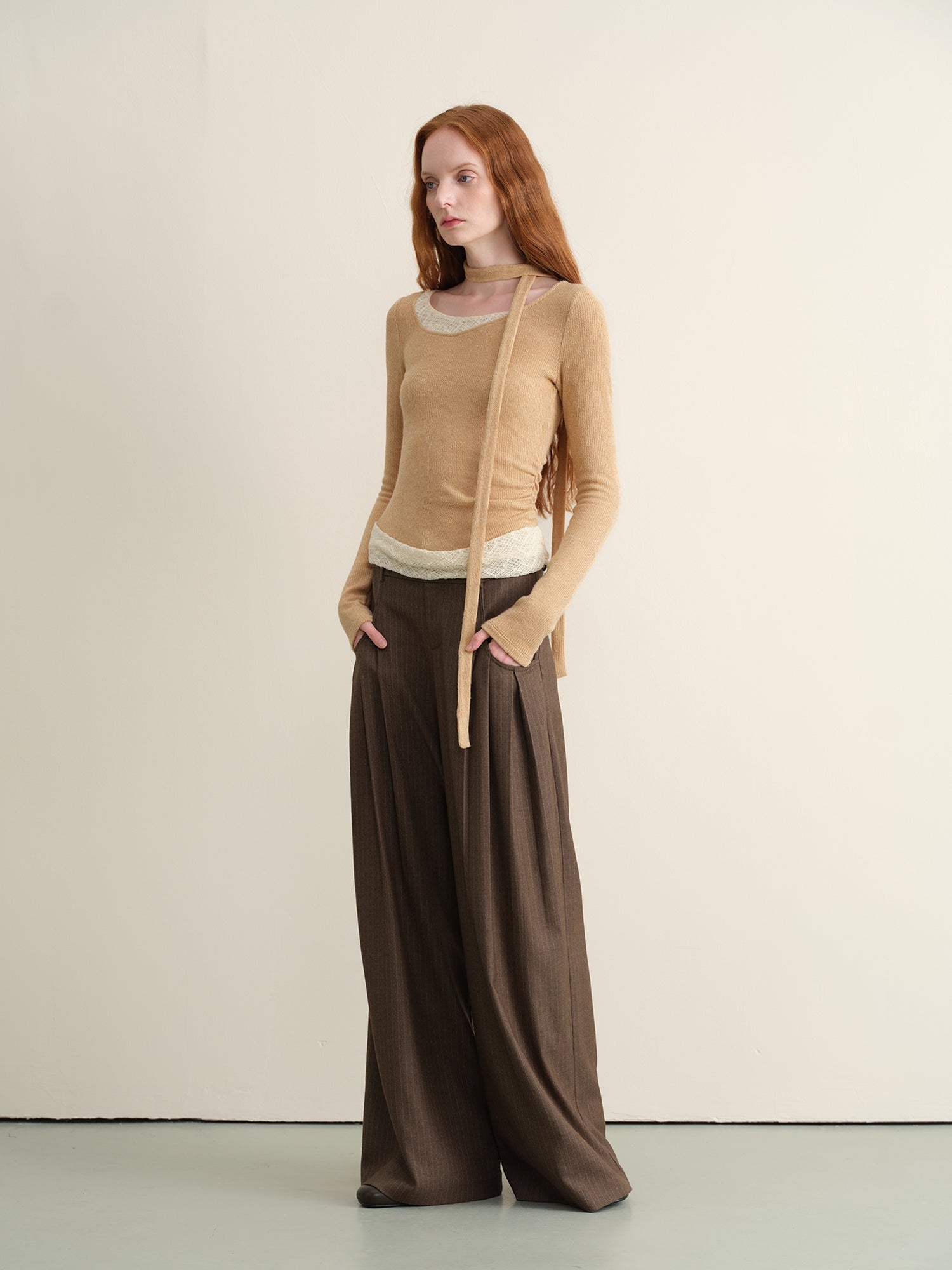 someonesometimes Khaki Plaid Patchwork Slim Crew Neck Women Knit Spandex Long Sleeve T-Shirts