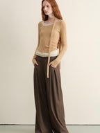 someonesometimes Khaki Plaid Patchwork Slim Crew Neck Women Knit Spandex Long Sleeve T-Shirts