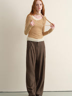 someonesometimes Khaki Plaid Patchwork Slim Crew Neck Women Knit Spandex Long Sleeve T-Shirts