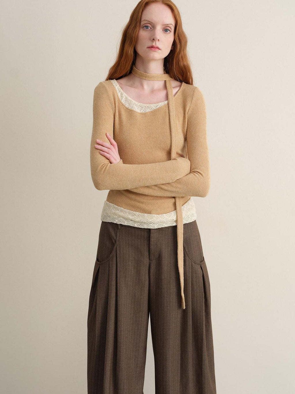 someonesometimes Khaki Plaid Patchwork Slim Crew Neck Women Knit Spandex Long Sleeve T-Shirts