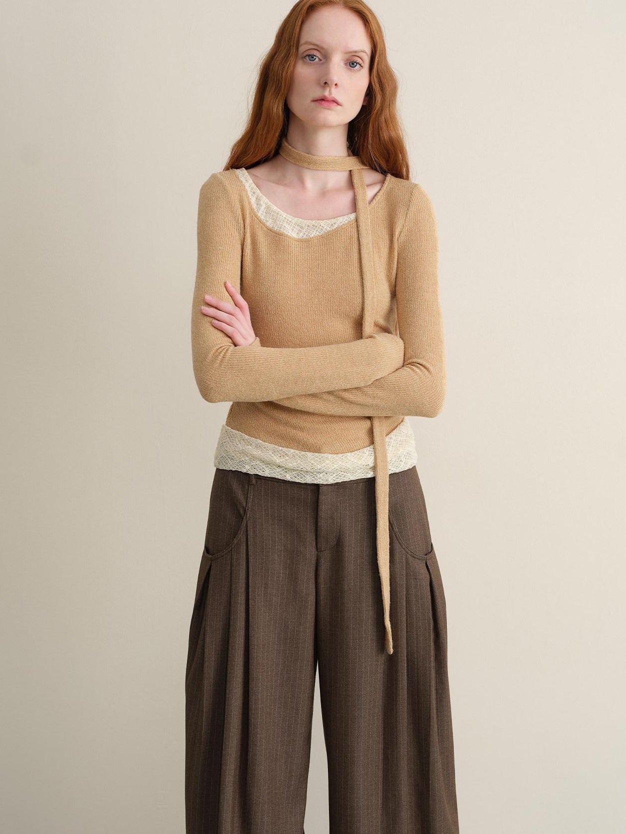 someonesometimes Khaki Plaid Patchwork Slim Crew Neck Women Knit Spandex Long Sleeve T-Shirts