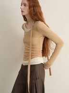 someonesometimes Khaki Plaid Patchwork Slim Crew Neck Women Knit Spandex Long Sleeve T-Shirts