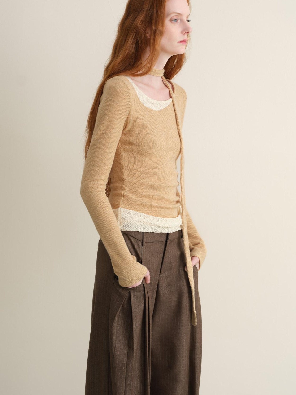someonesometimes Khaki Plaid Patchwork Slim Crew Neck Women Knit Spandex Long Sleeve T-Shirts