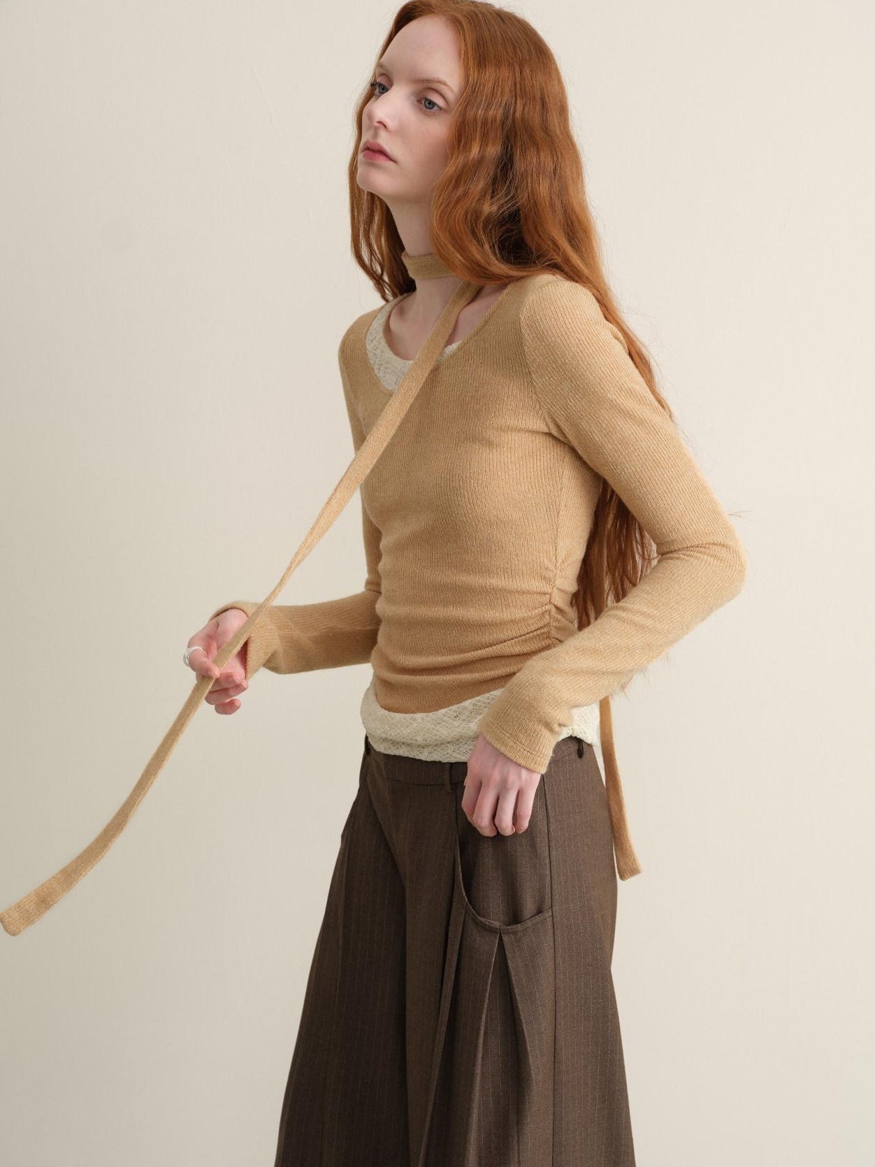 someonesometimes Khaki Plaid Patchwork Slim Crew Neck Women Knit Spandex Long Sleeve T-Shirts